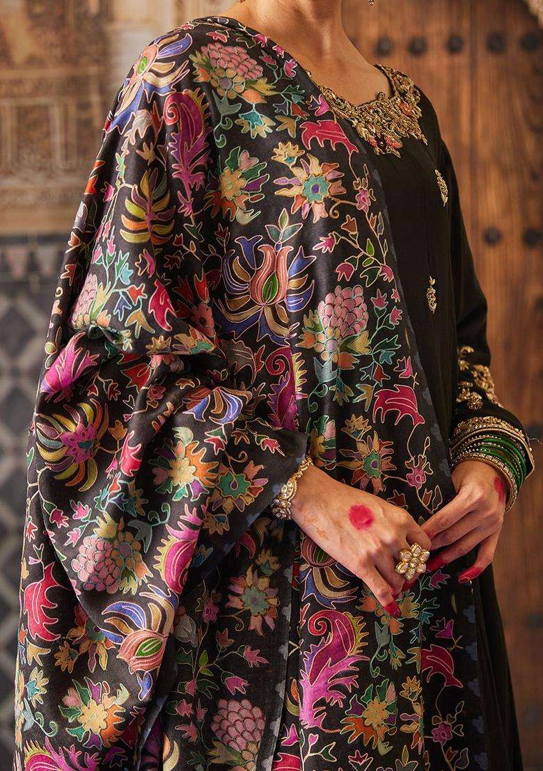 Black Floral Woolen Shawls - Indya