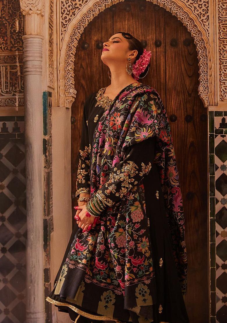 Black Floral Woolen Shawls - Indya