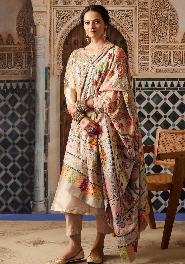 White Animal Woolen Shawls - Indya