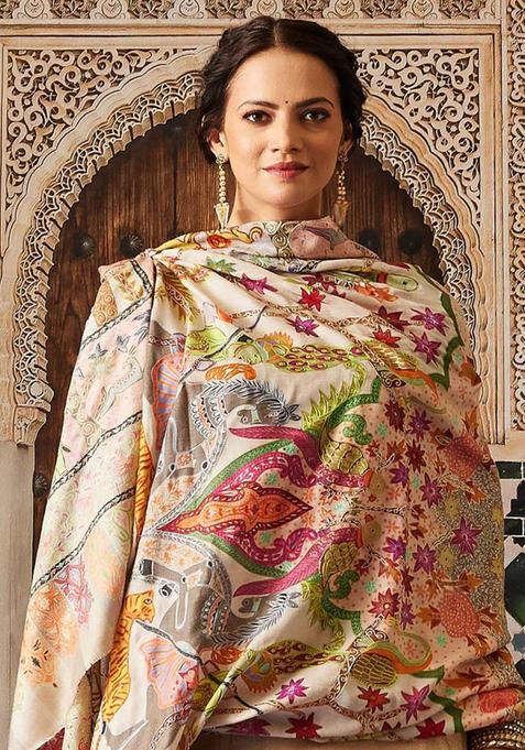 White Animal Woolen Shawls
