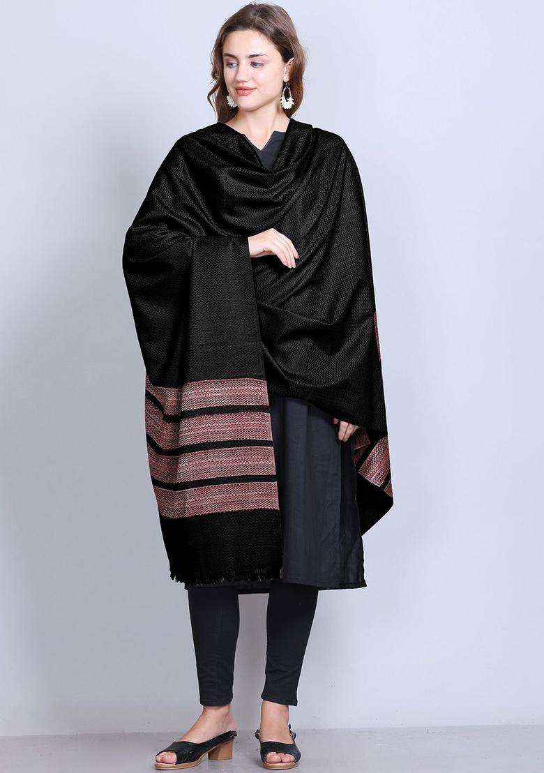 Black Floral Woolen Shawls - Indya