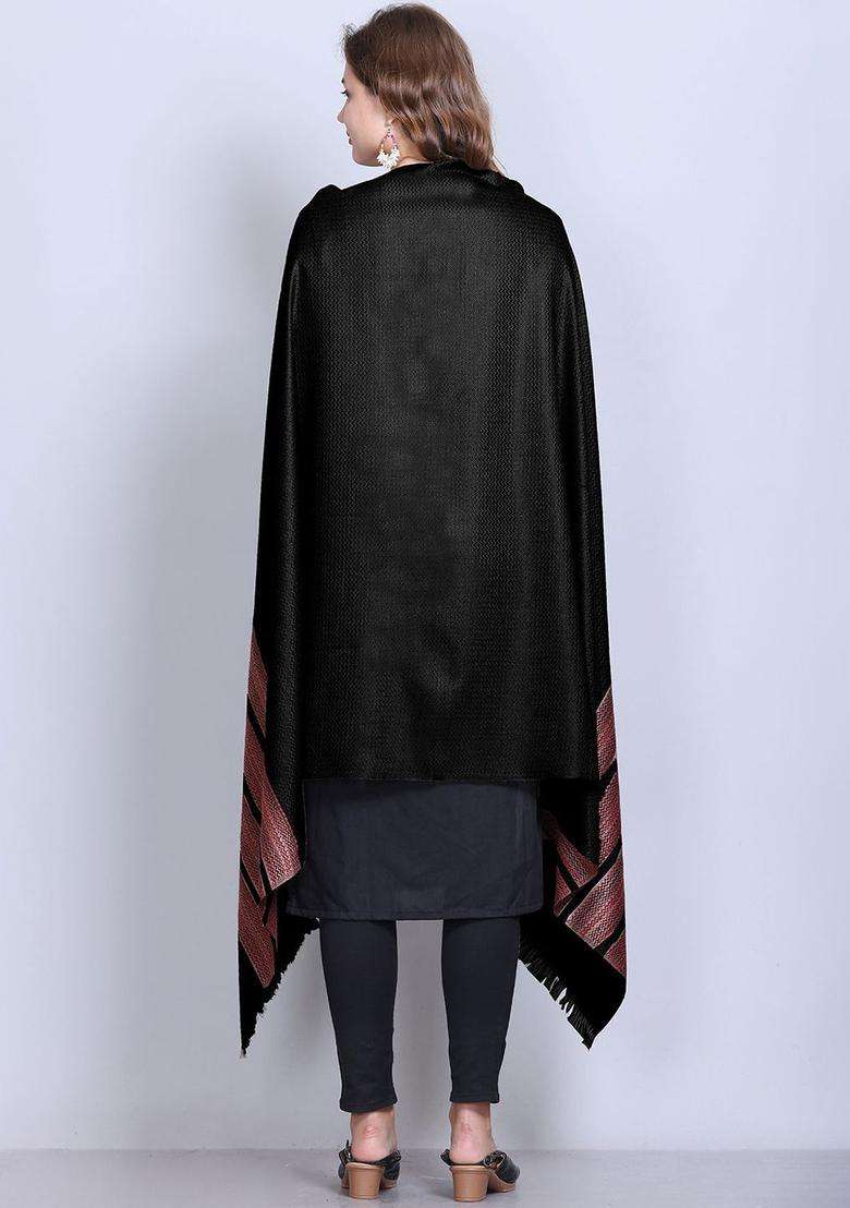 Black Floral Woolen Shawls - Indya