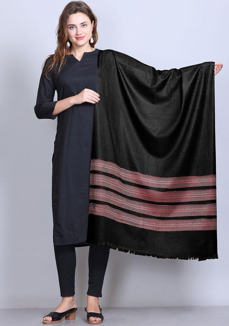 Black Floral Woolen Shawls - Indya