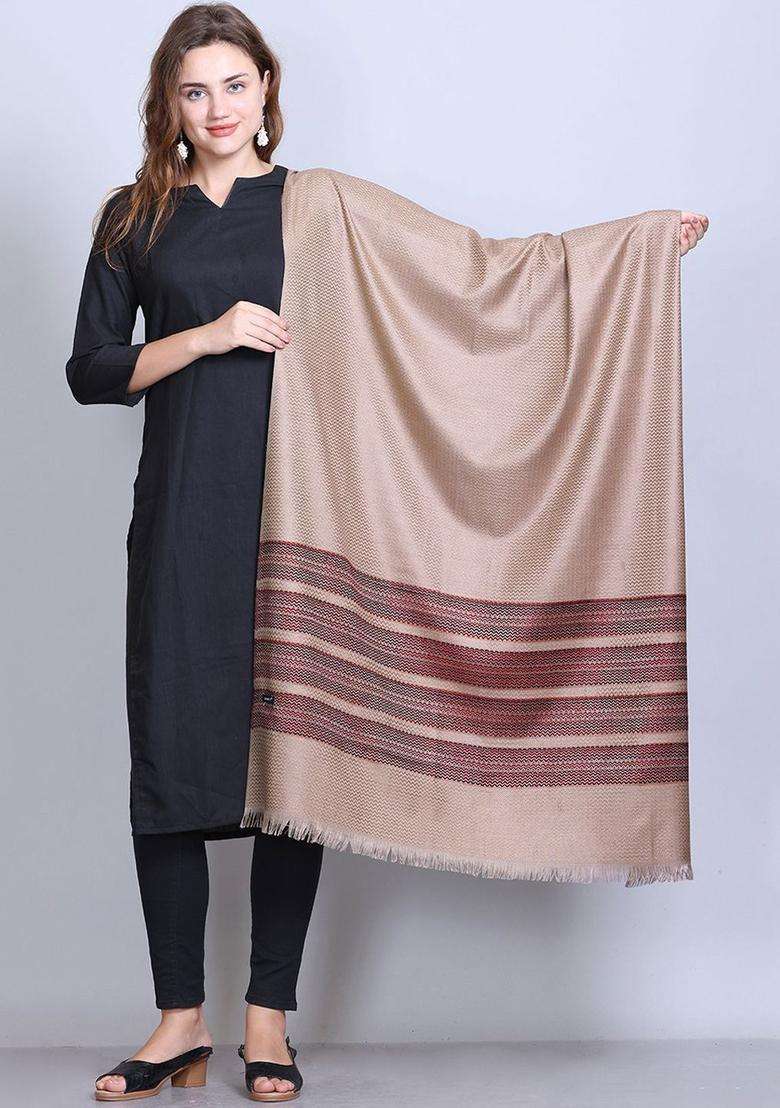 Beige Floral Woolen Shawls - Indya
