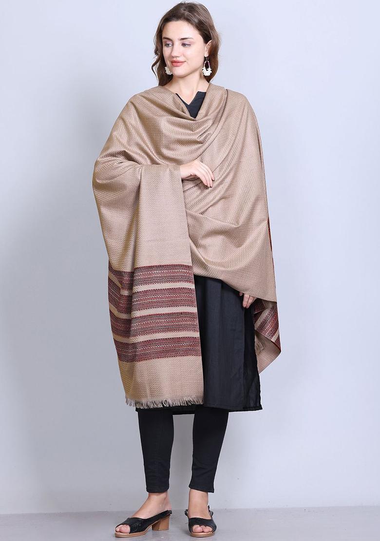 Beige Floral Woolen Shawls - Indya