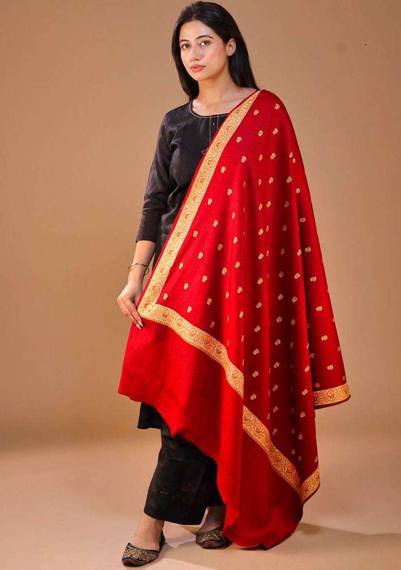 Maroon Embroidered Woolen Shawls - Indya