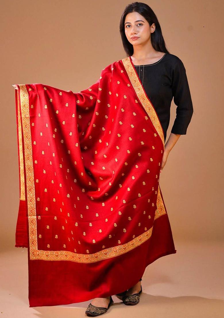 Maroon Embroidered Woolen Shawls - Indya