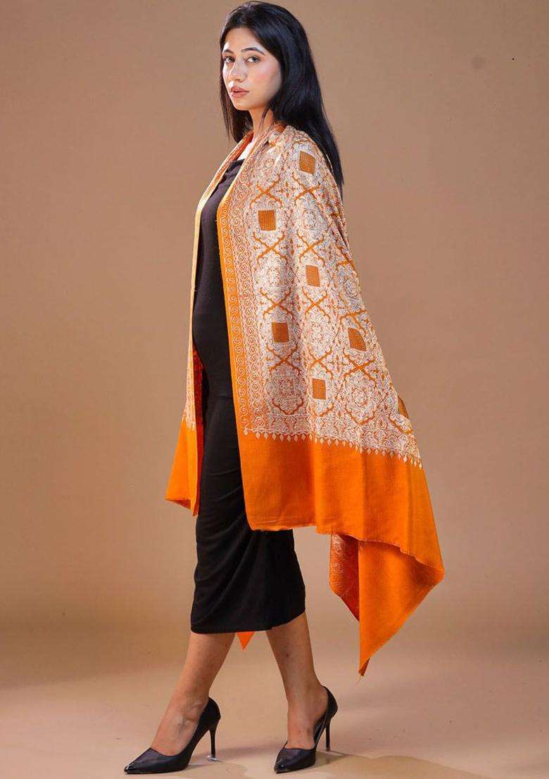 Mustard Embroidered Woolen Shawls - Indya