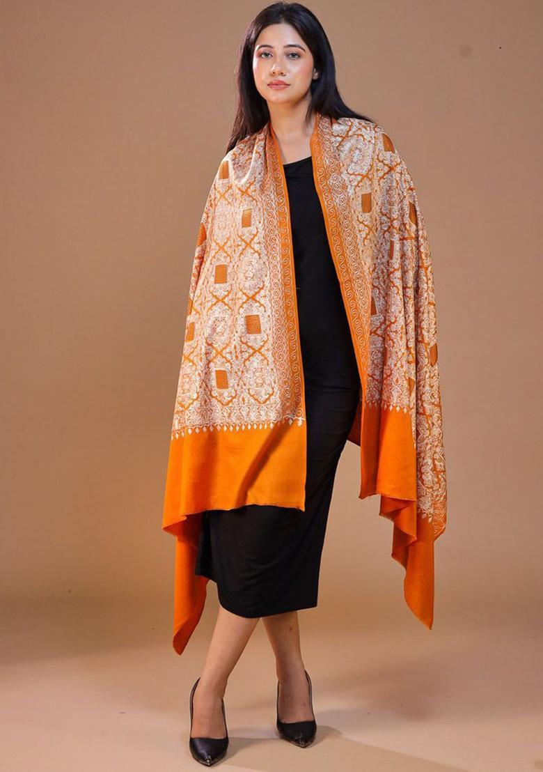 Mustard Embroidered Woolen Shawls - Indya