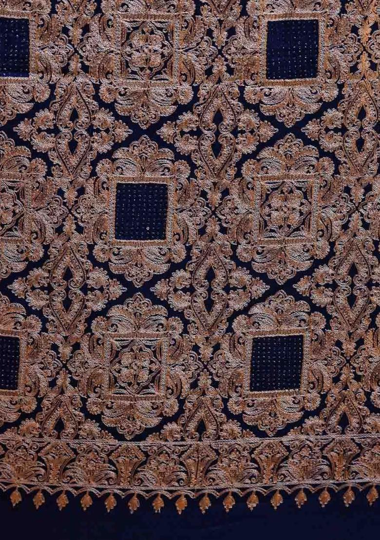 Navy Blue Floral Woolen Shawls - Indya