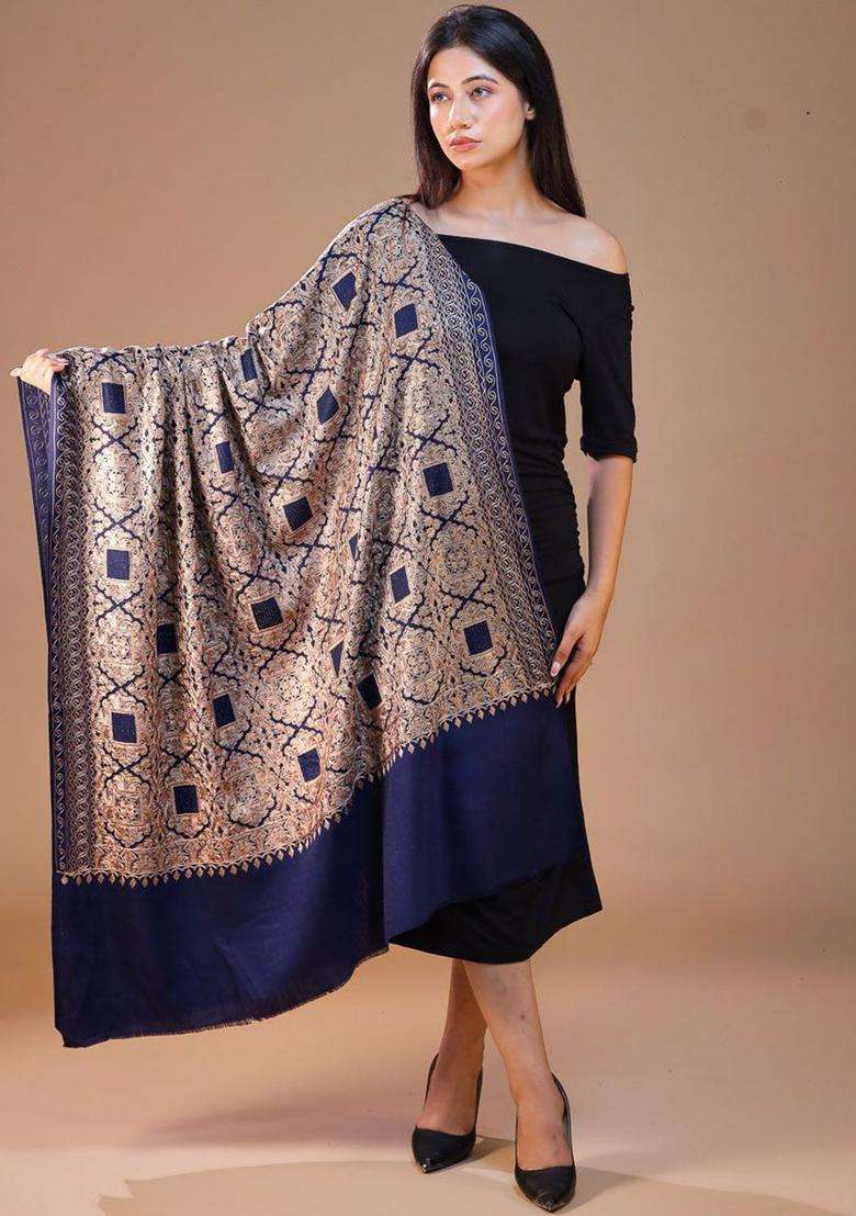 Navy Blue Floral Woolen Shawls - Indya