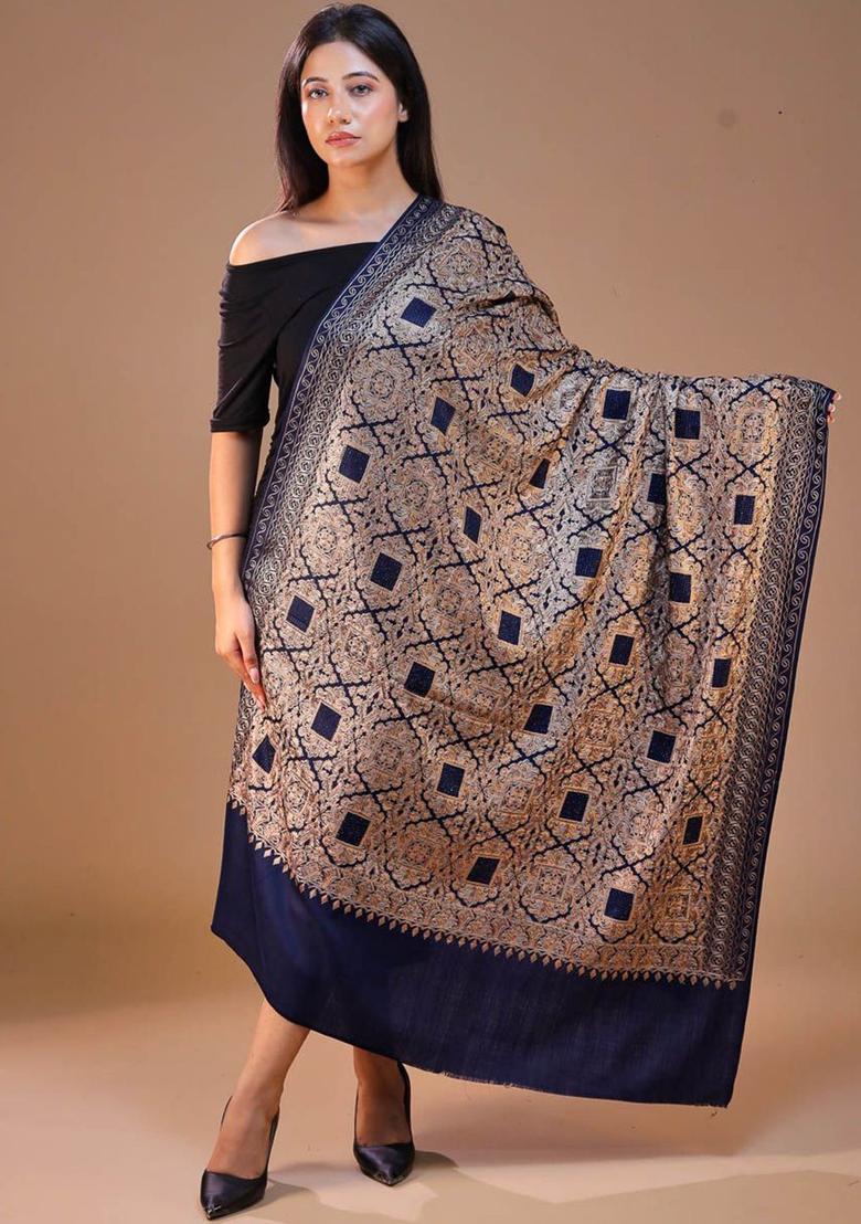 Navy Blue Floral Woolen Shawls - Indya
