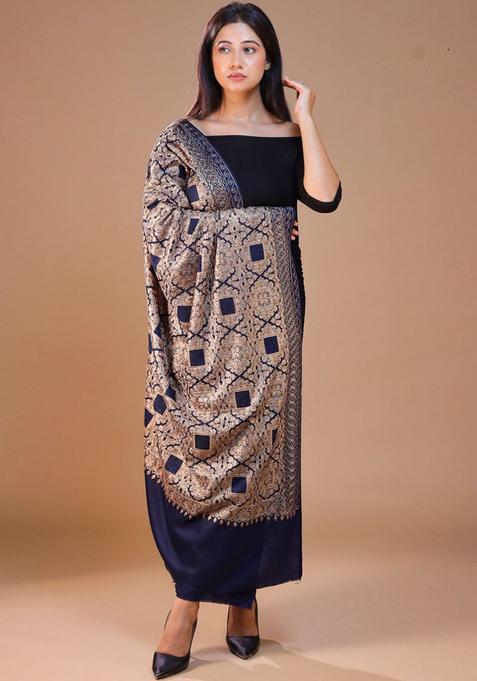 Navy Blue Floral Woolen Shawls