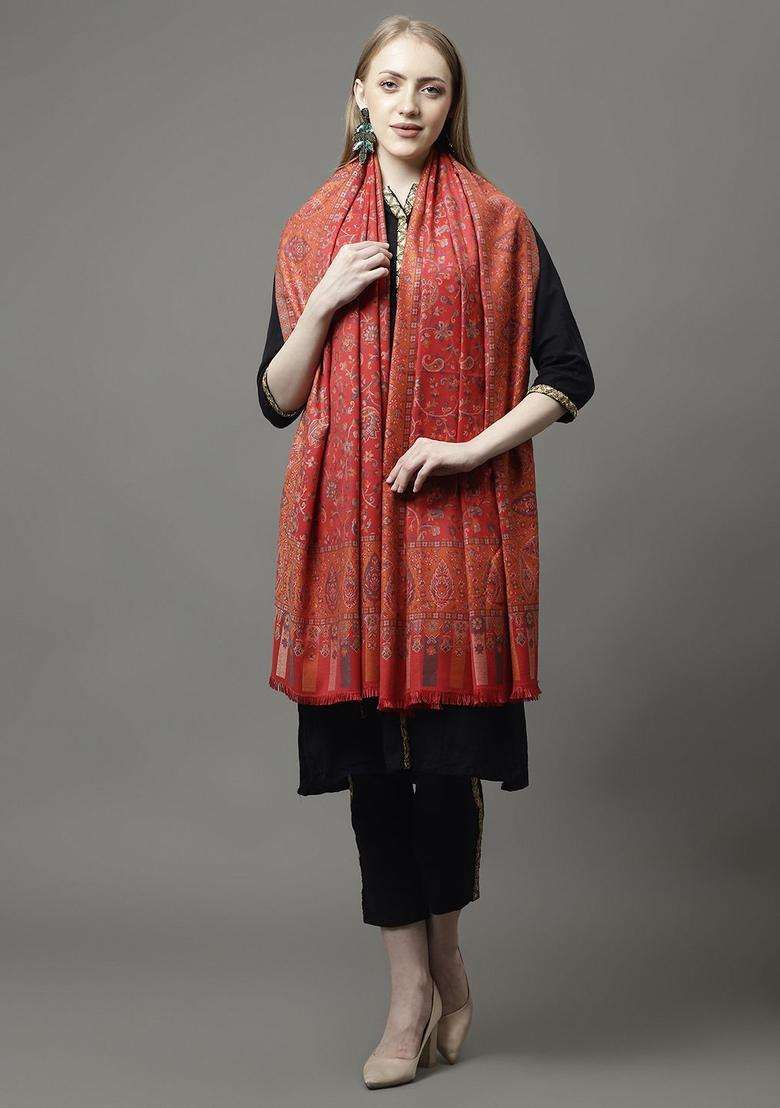 Red Floral Woolen Shawls - Indya