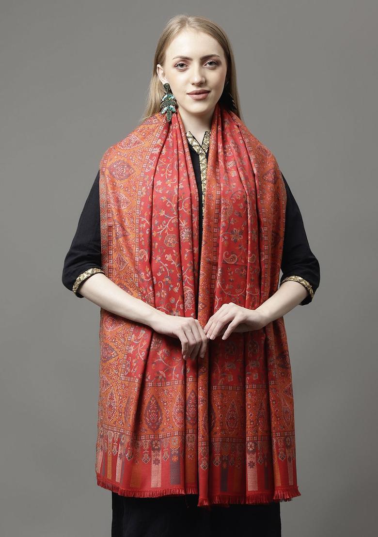 Red Floral Woolen Shawls - Indya