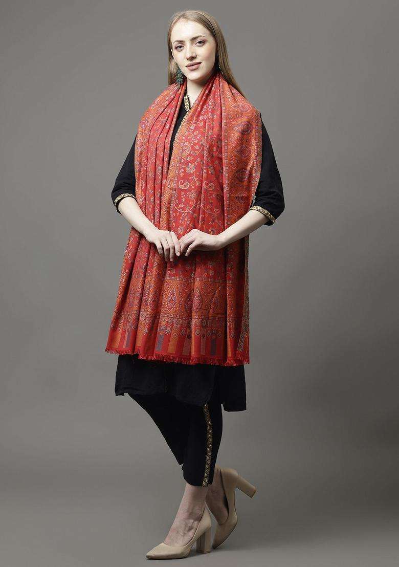 Red Floral Woolen Shawls - Indya