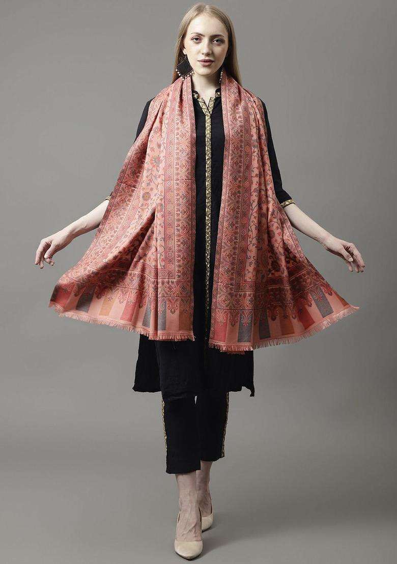 Peach Floral Woolen Shawls - Indya