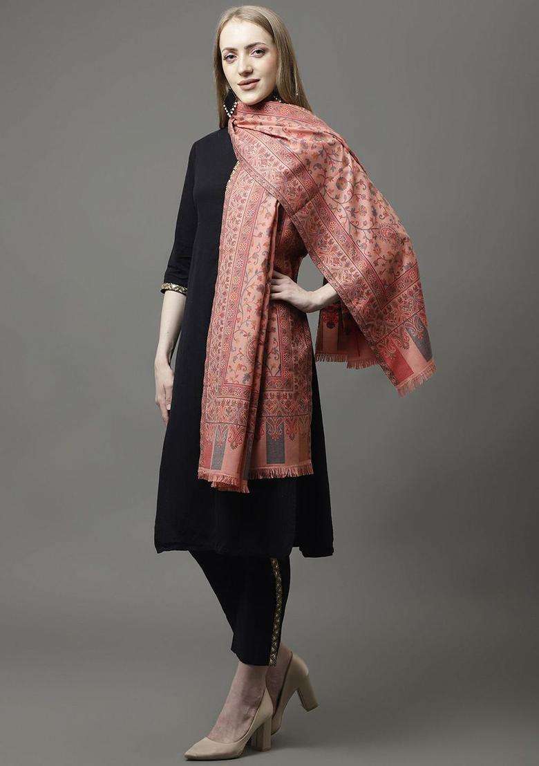Peach Floral Woolen Shawls - Indya