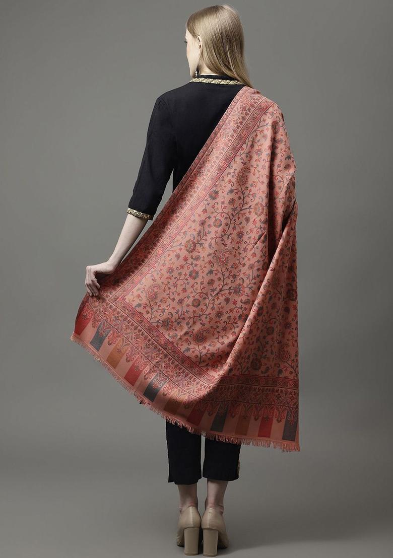 Peach Floral Woolen Shawls - Indya