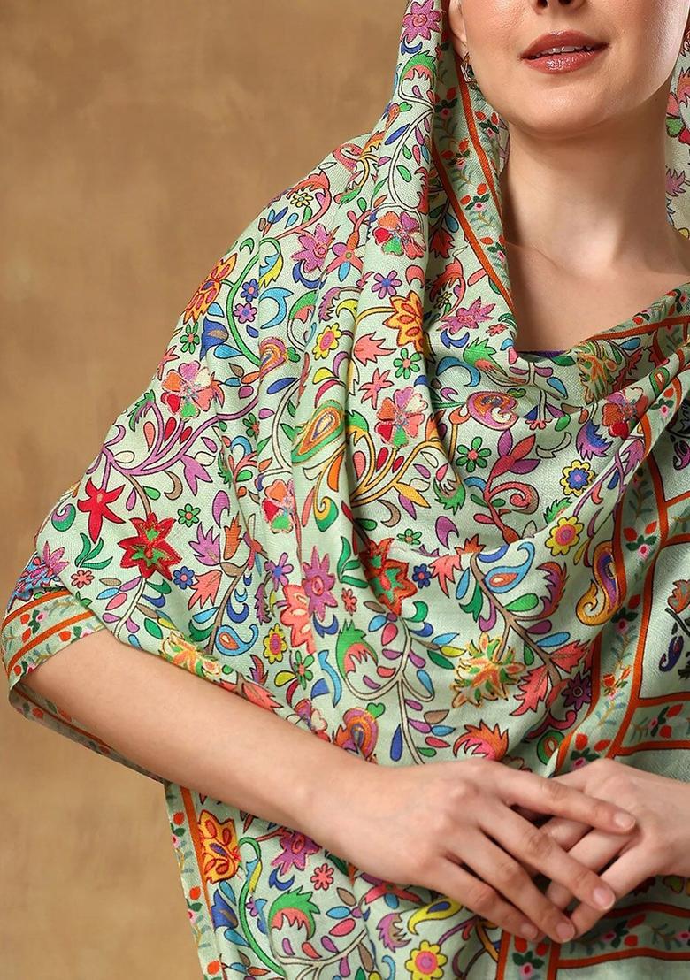 Green Floral Woolen Shawls - Indya