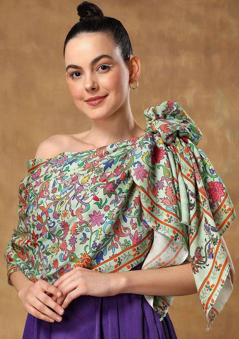 Green Floral Woolen Shawls - Indya