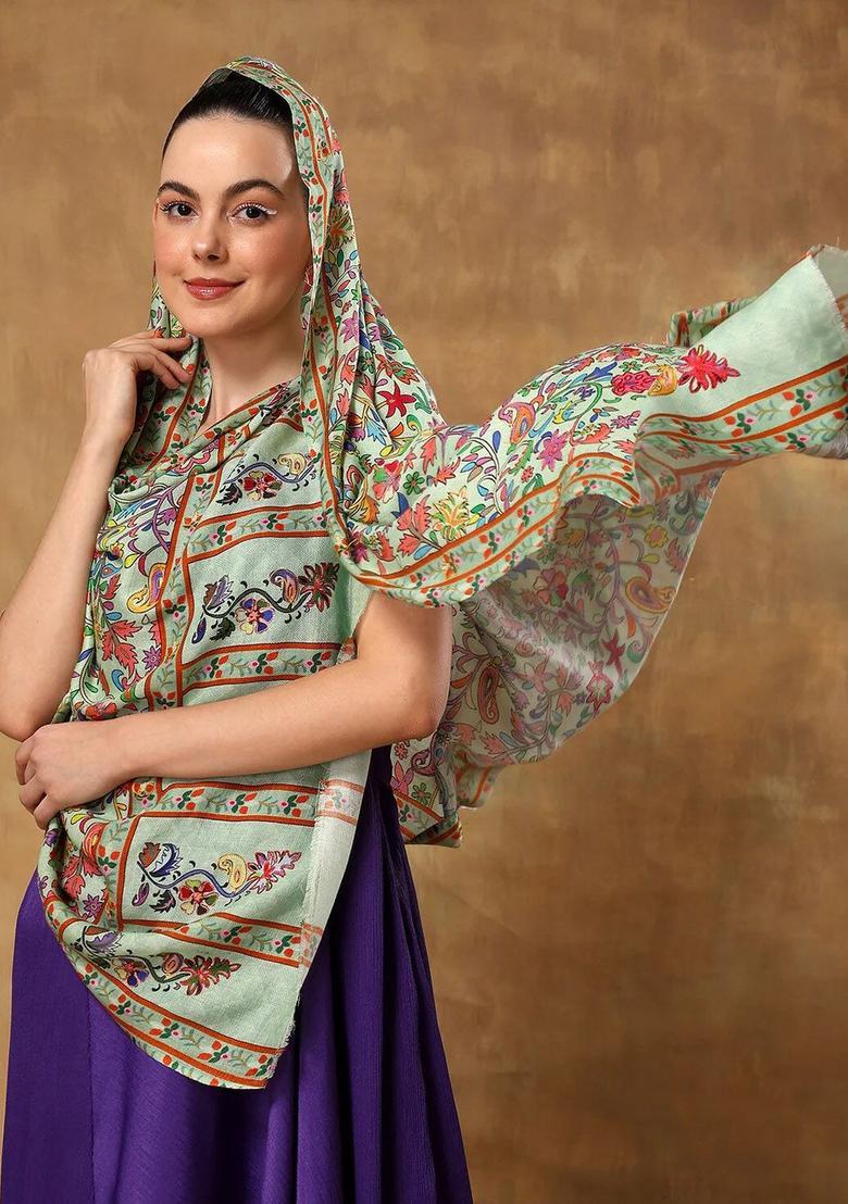 Green Floral Woolen Shawls - Indya