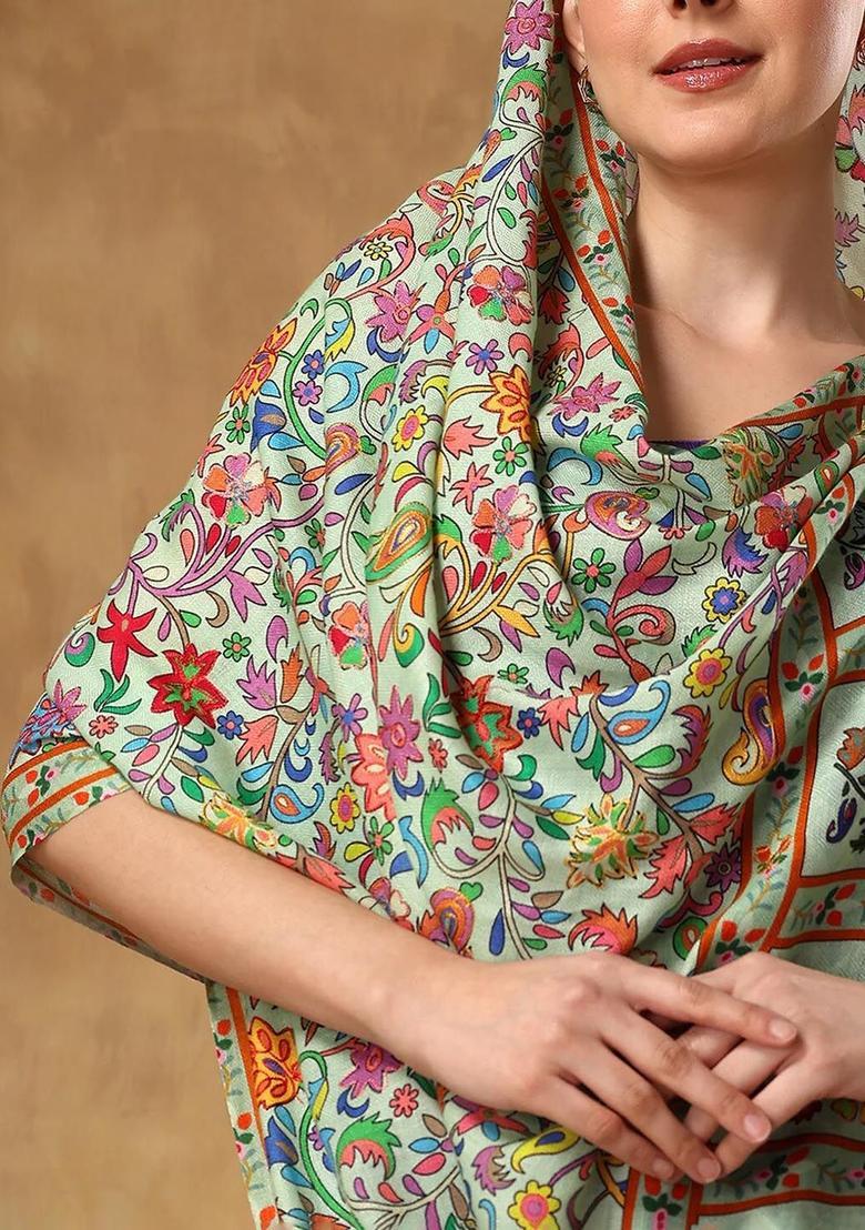 Green Printed Woolen Shawls - Indya