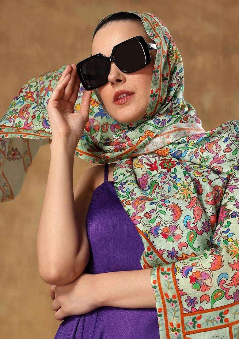 Green Printed Woolen Shawls - Indya