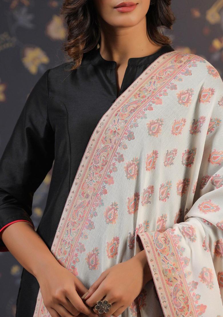 White Floral Woolen Shawls - Indya