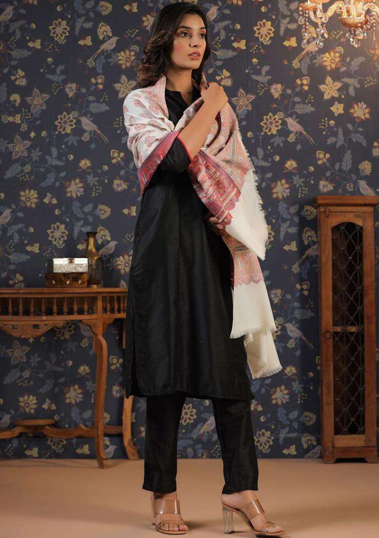 White Floral Woolen Shawls - Indya