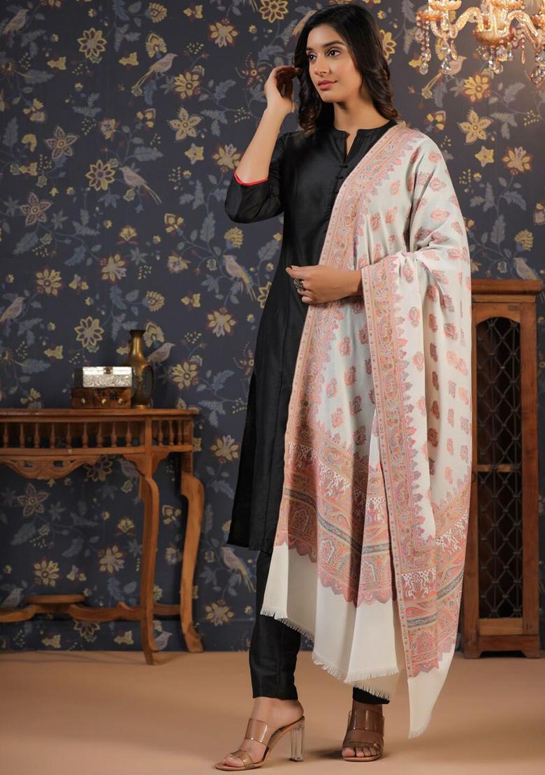 White Floral Woolen Shawls - Indya