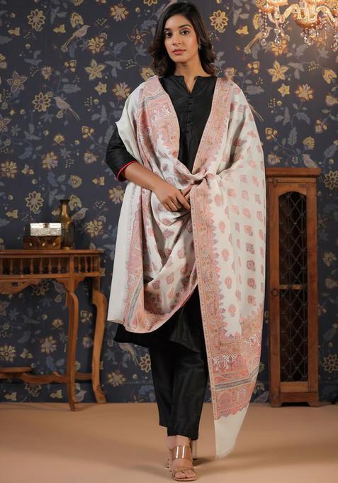 White Floral Woolen Shawls
