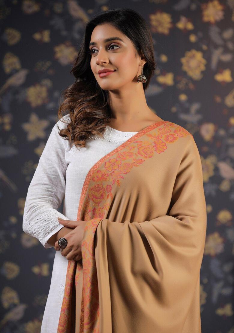 Beige Floral Woolen Shawls - Indya