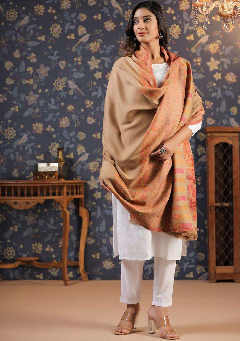 Beige Floral Woolen Shawls - Indya