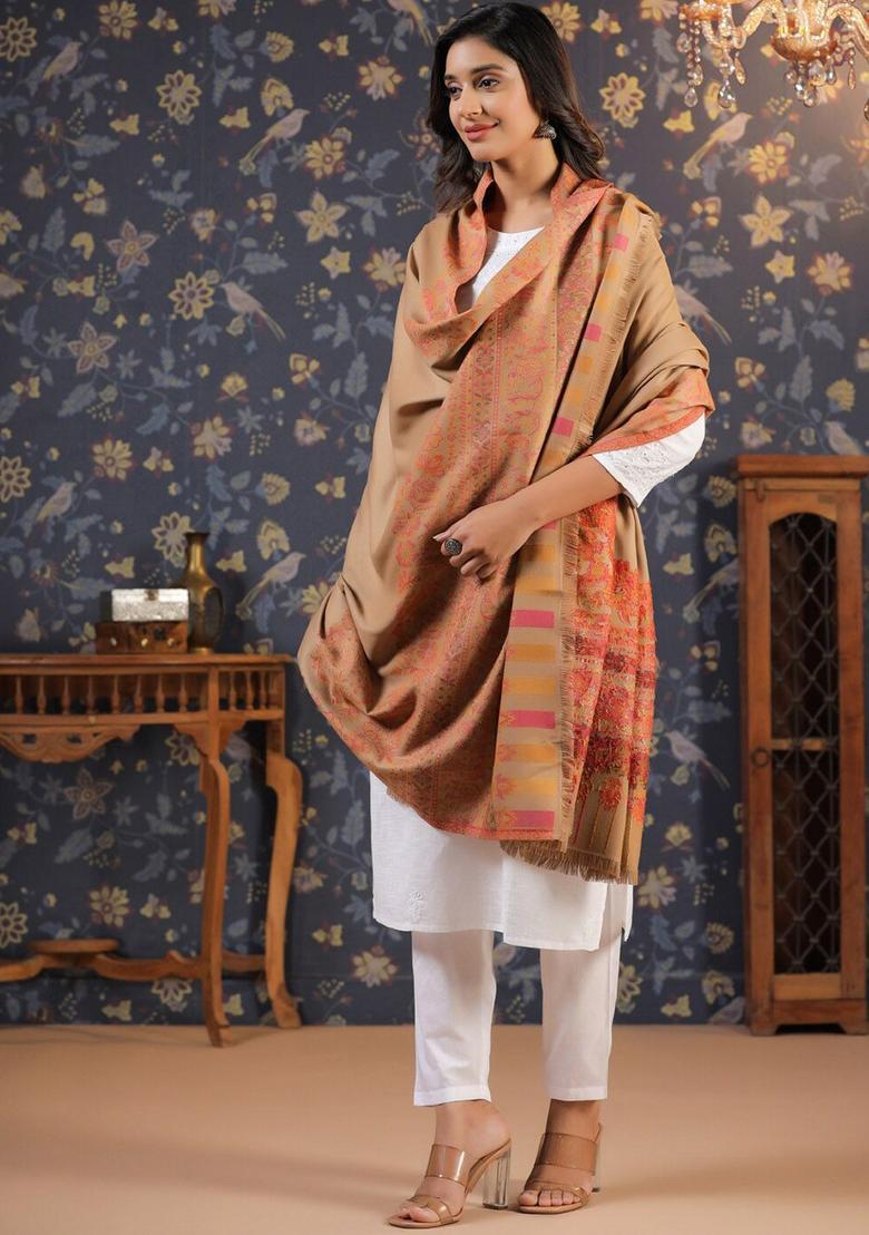 Beige Floral Woolen Shawls - Indya