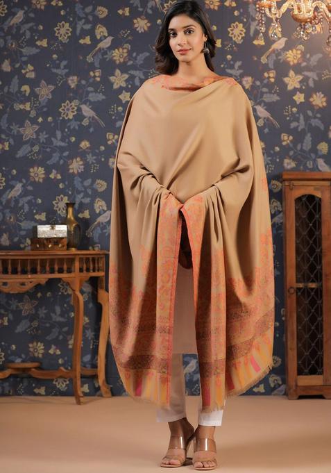Beige Floral Woolen Shawls