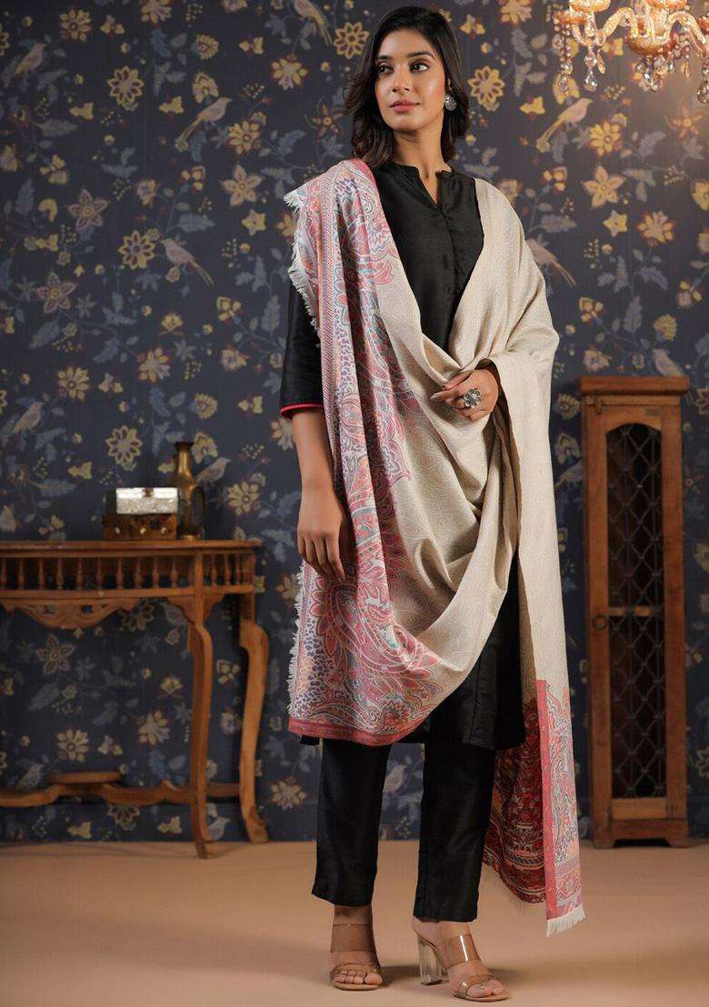 White Paisley Woolen Shawls - Indya