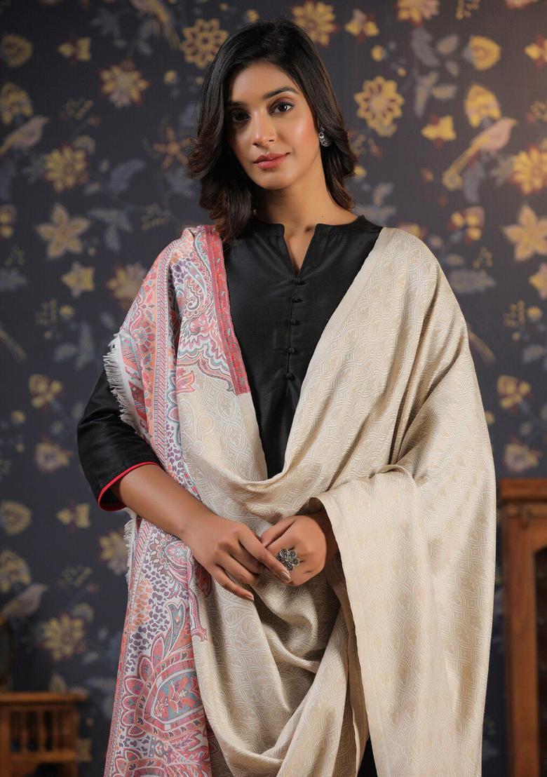 White Paisley Woolen Shawls - Indya