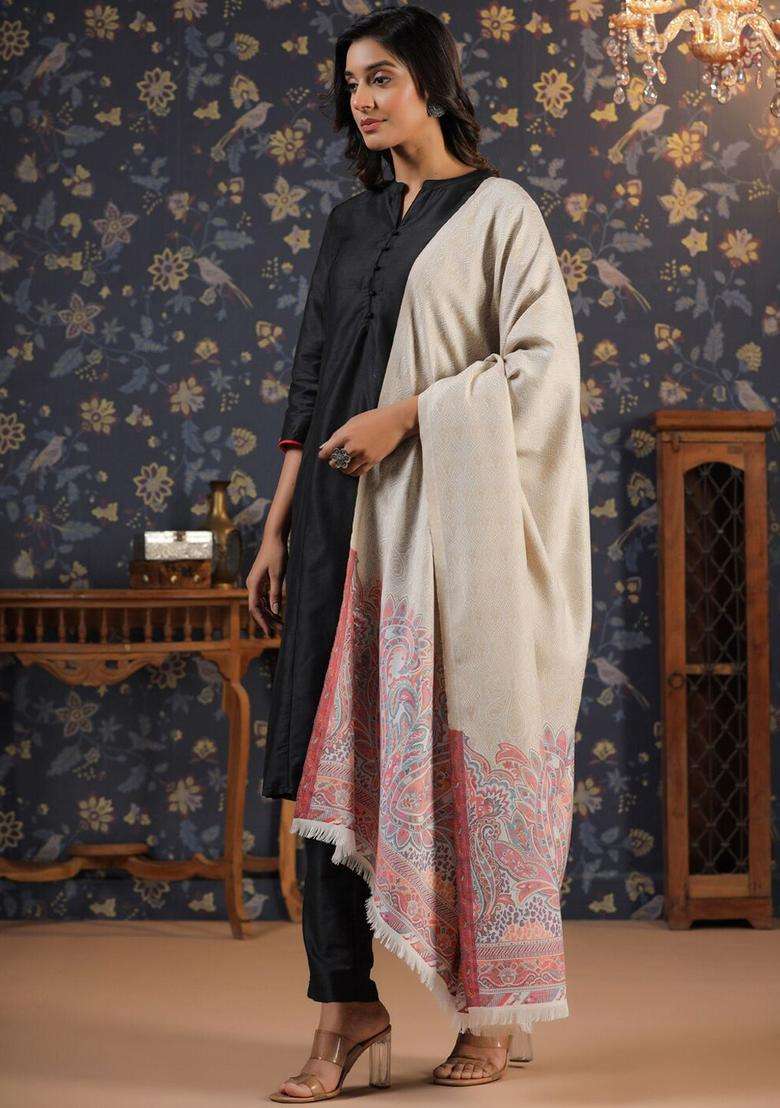 White Paisley Woolen Shawls - Indya