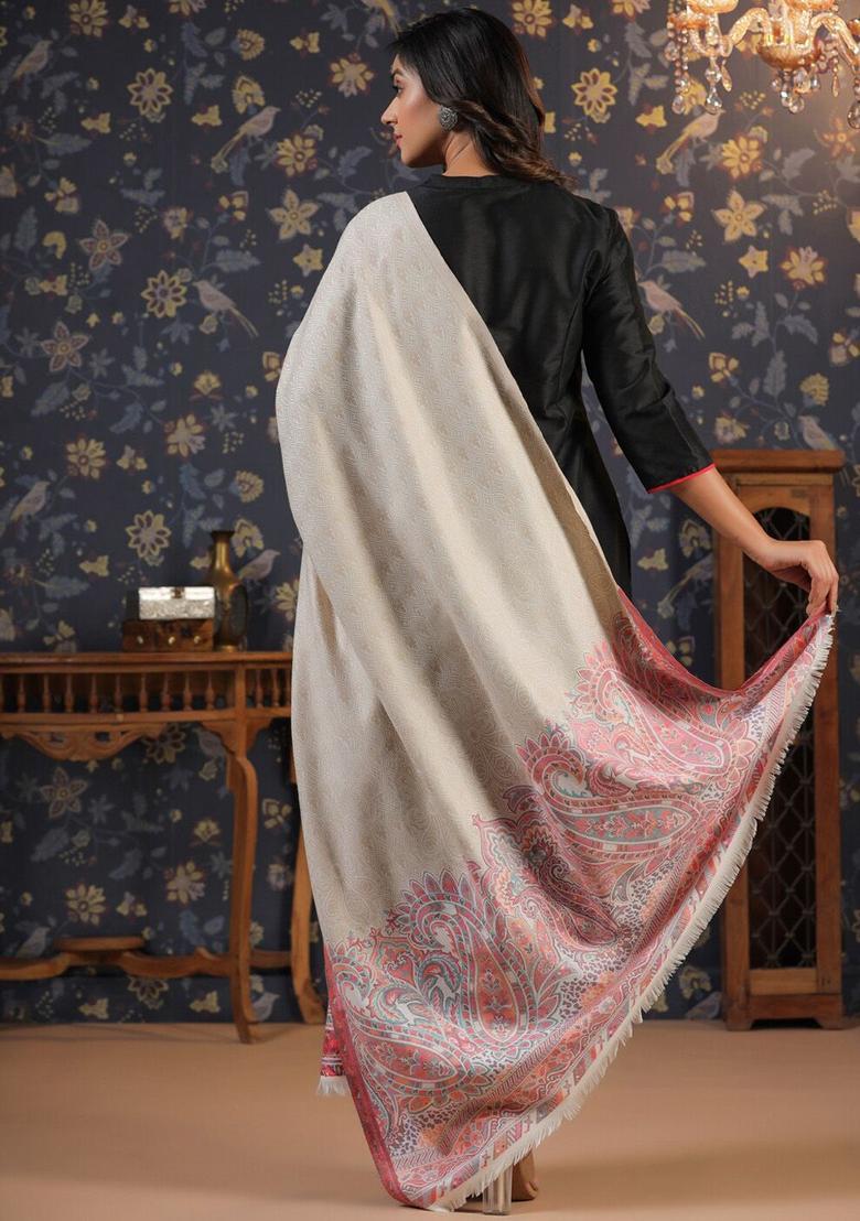 White Paisley Woolen Shawls - Indya