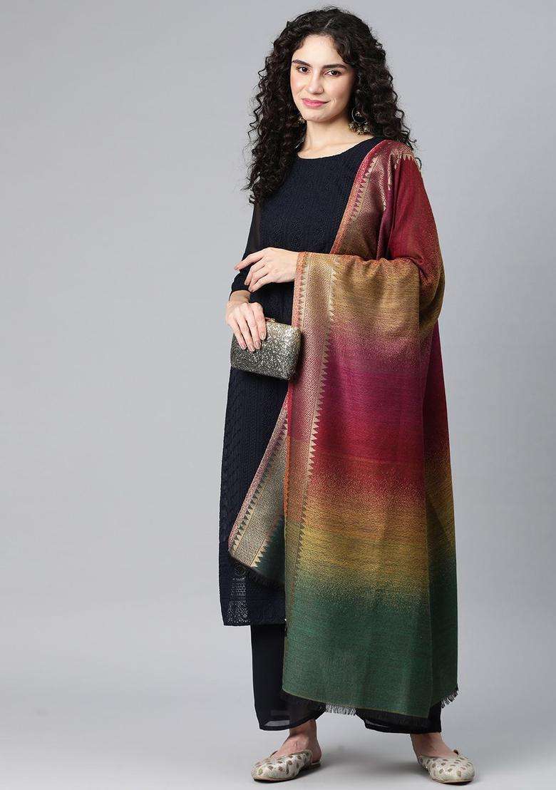 Magenta Striped Woolen Shawls - Indya