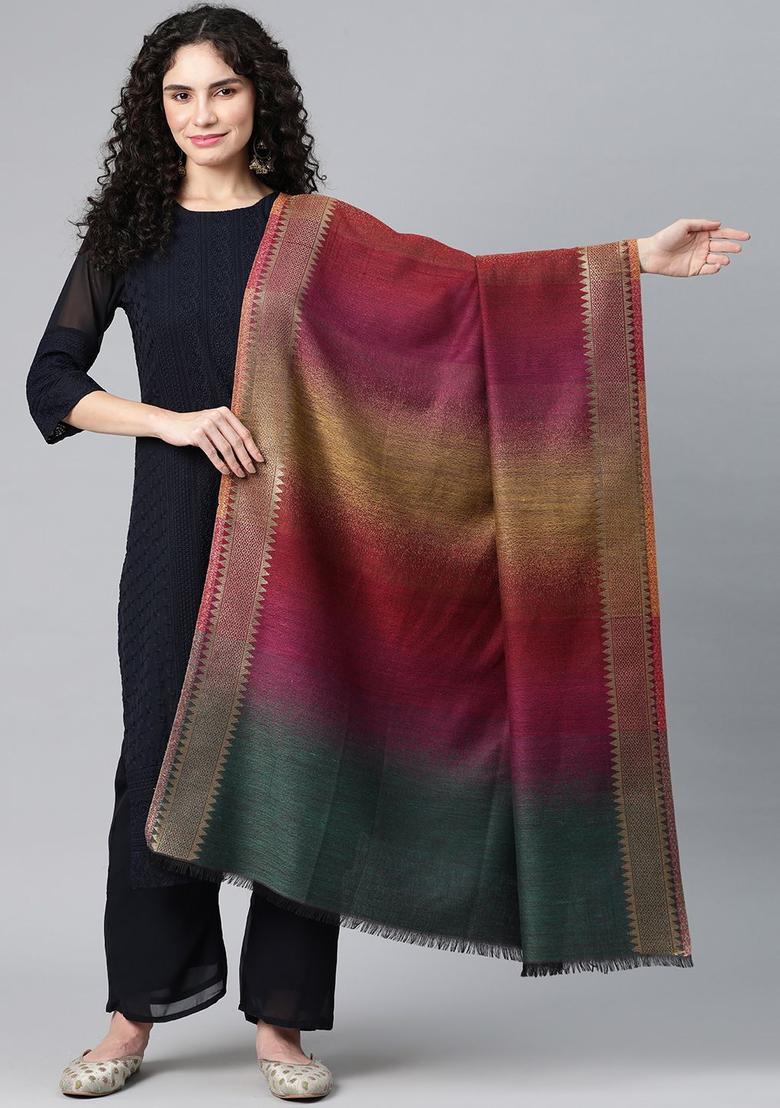 Magenta Striped Woolen Shawls - Indya