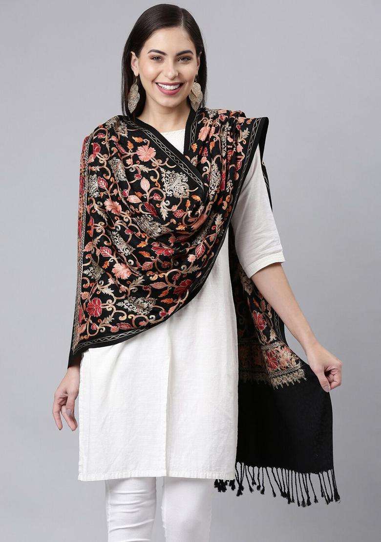 Black Floral Woolen Shawls - Indya
