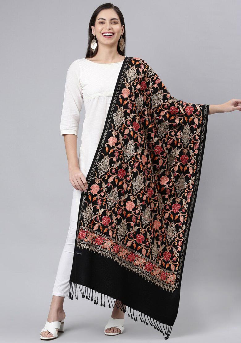 Black Floral Woolen Shawls - Indya