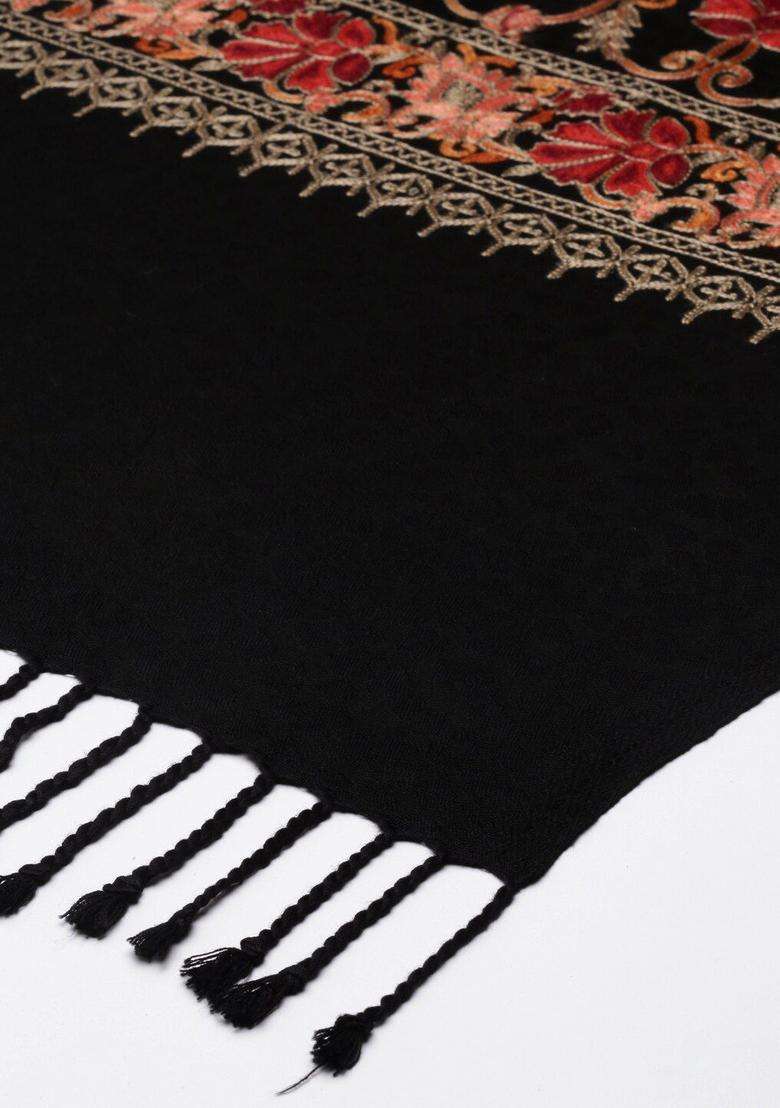Black Floral Woolen Shawls - Indya