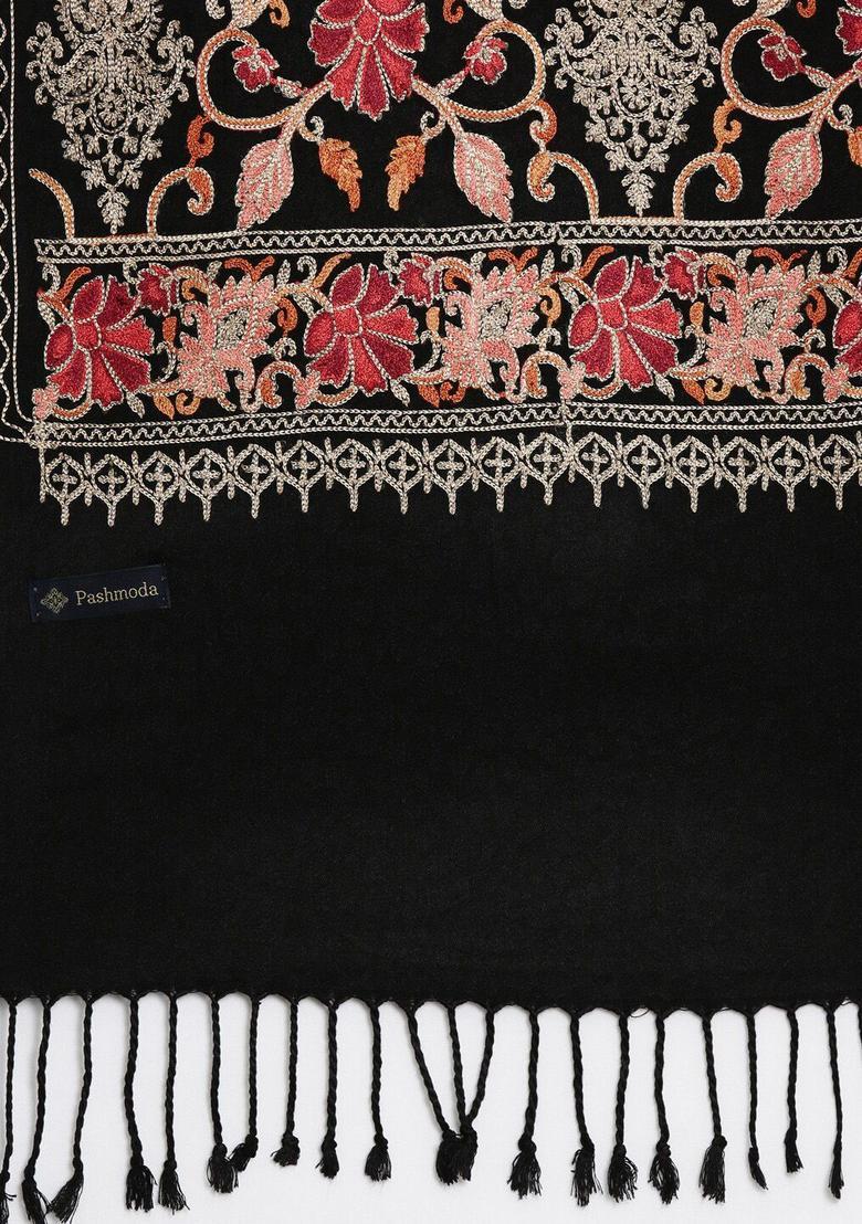 Black Floral Woolen Shawls - Indya