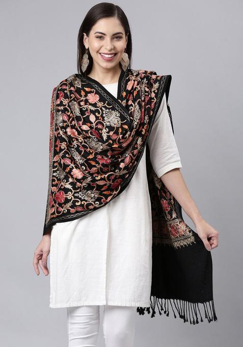 Black Floral Woolen Shawls