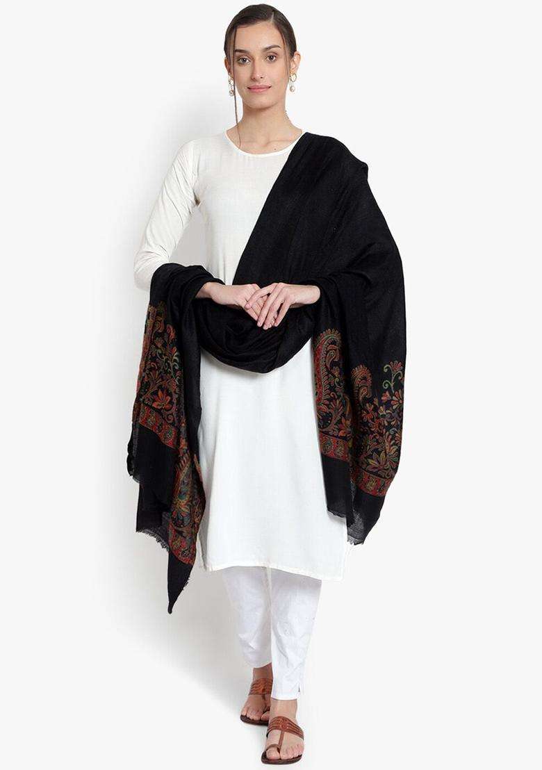 Black Paisley Woolen Shawls - Indya