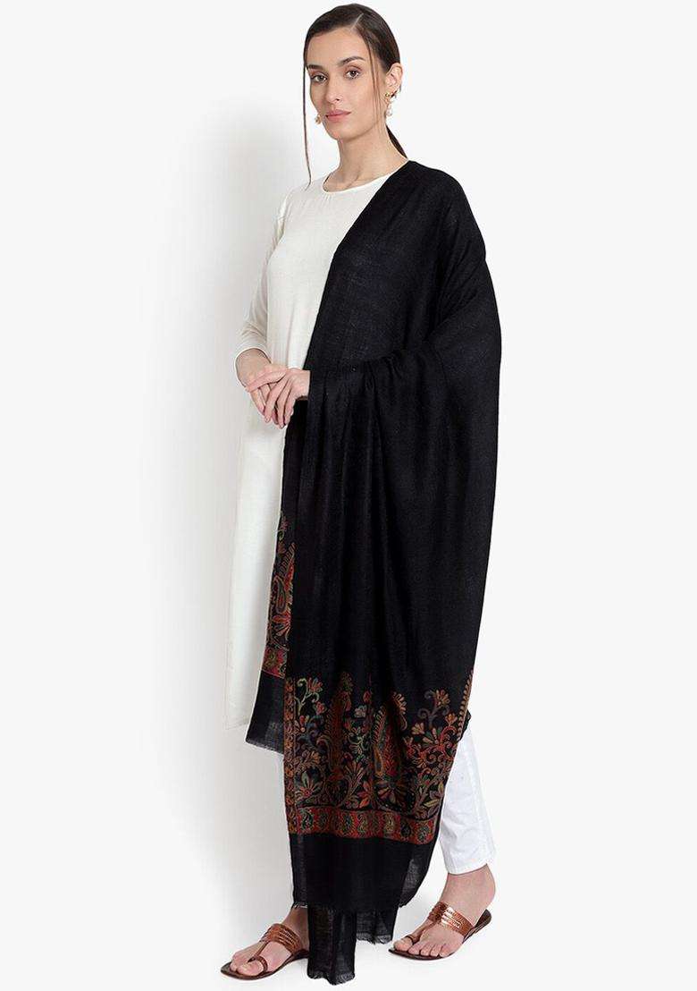 Black Paisley Woolen Shawls - Indya