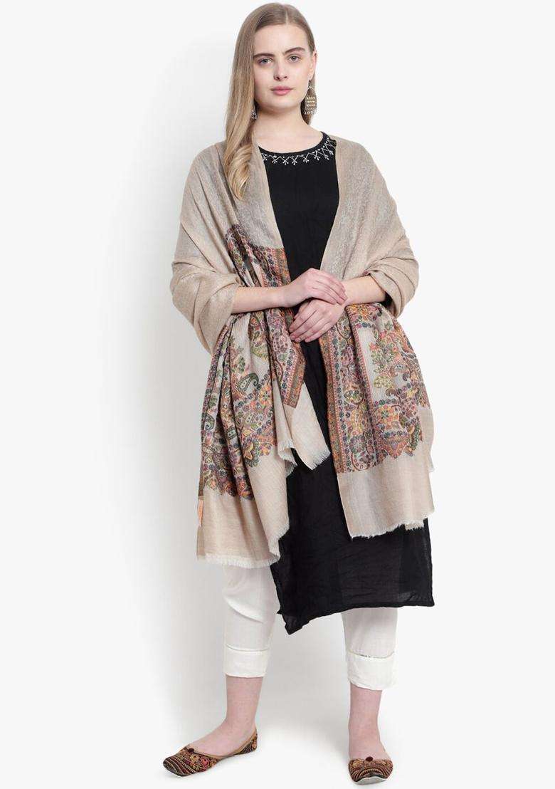 Beige Paisley Woolen Shawls - Indya